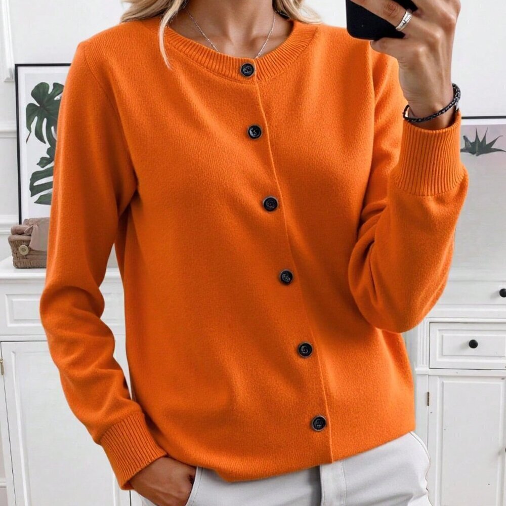 Orange Casual Women's Round Neck Front Button Cardigan